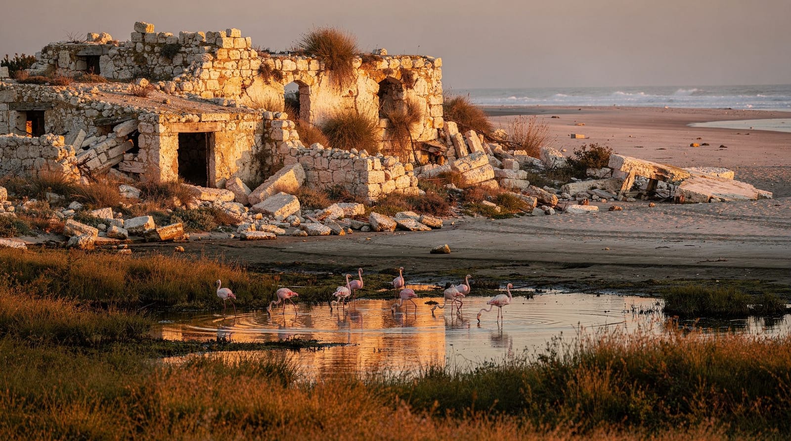 Vendicari: flamingos, tonnara and empty sand